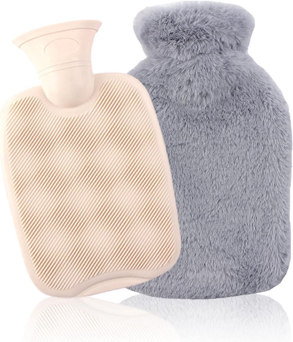 Warmwaterfles met hoes - Warmwaterzak kruik - Lichaam warm houden - Zachte pluizige hoes - 2L - Grijs