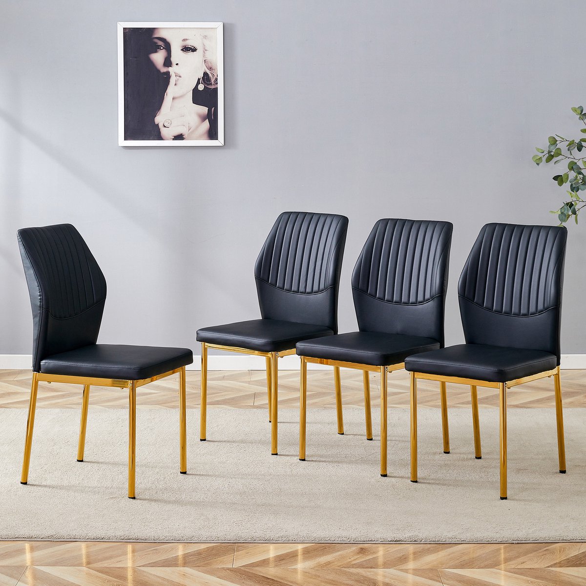 MIVRAY Eetkamerstoelen Set Van 4 - Gestoffeerd Met PU En Gouden Metalen Poten - Voor Eetkamer Of Woonkamer - Zwart Goud Zwart+Goud