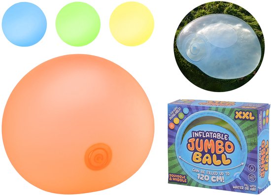 Grote oranje opblaasbare bal met drie kleinere gekleurde ballen (blauw, groen, geel) ernaast en een verpakking met tekst "INFLATABLE JUMBO BALL XXL".