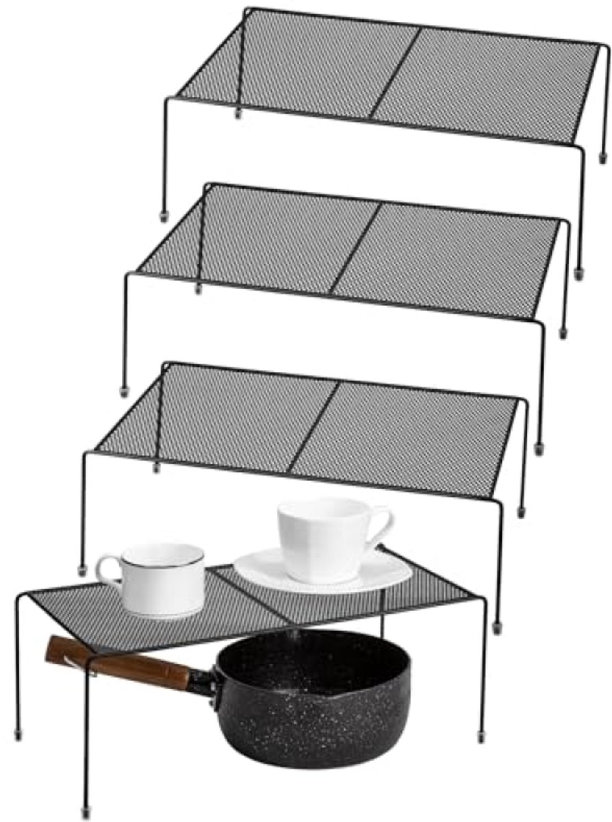 PromoHome Keukenkast Organizer Plank, Set van 4 Stapelbare Opbergrekken, Metaal met Antislip Voetjes, Zwart - 40x20x15 cm per Plank