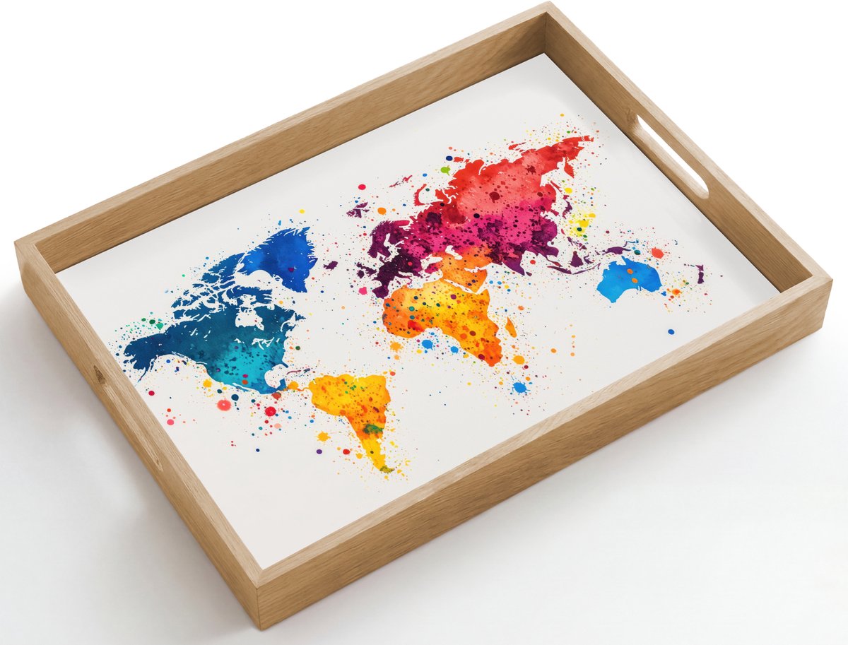 Dienblad hout 50x35 cm - Schootdienblad - Wereldkaart - Graffiti - Kleurrijk - Borrelplank rechthoek - Plateau dienbladen