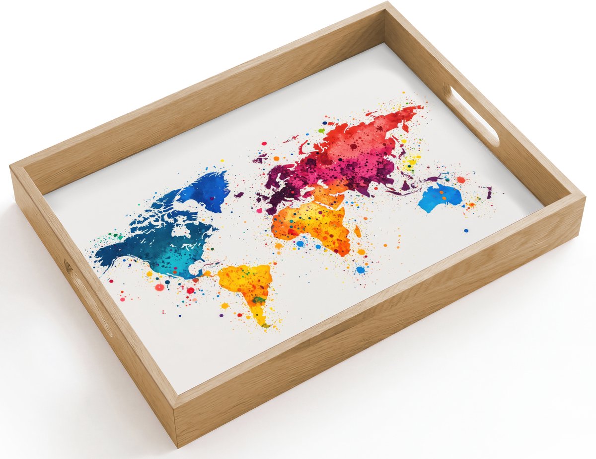 Dienblad hout 40x30 cm - Schootdienblad - Wereldkaart - Graffiti - Kleurrijk - Borrelplank rechthoek - Plateau dienbladen