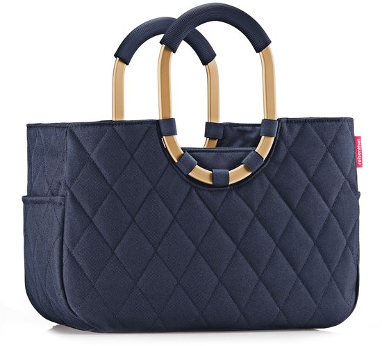 Donkerblauwe shopper met ruitpatroon, goudkleurig frame en twee donkerblauwe handvatten.