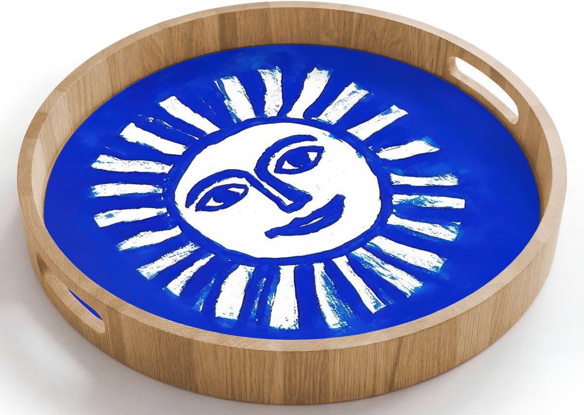 Dienblad rond 40x40 cm - Schootdienblad hout - Zon - Gezicht - Penseelstructuur - Blauw - Borrelplank rechthoek - Plateau houten dienbladen