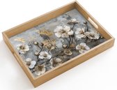 Dienblad hout 40x30 cm - Schootdienblad - Bloemen - Wit - Grijs - Goud - Luxe - Borrelplank rechthoek - Plateau dienbladen