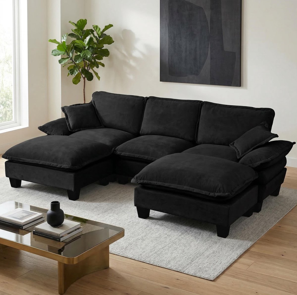 FloraGrace U-bank 5-Zits - Modulair Met Verplaatsbare Ottomans En Kussens - Comfortabele Chenille Bekleding - Voor Woonkamer En Appartement - Zwart