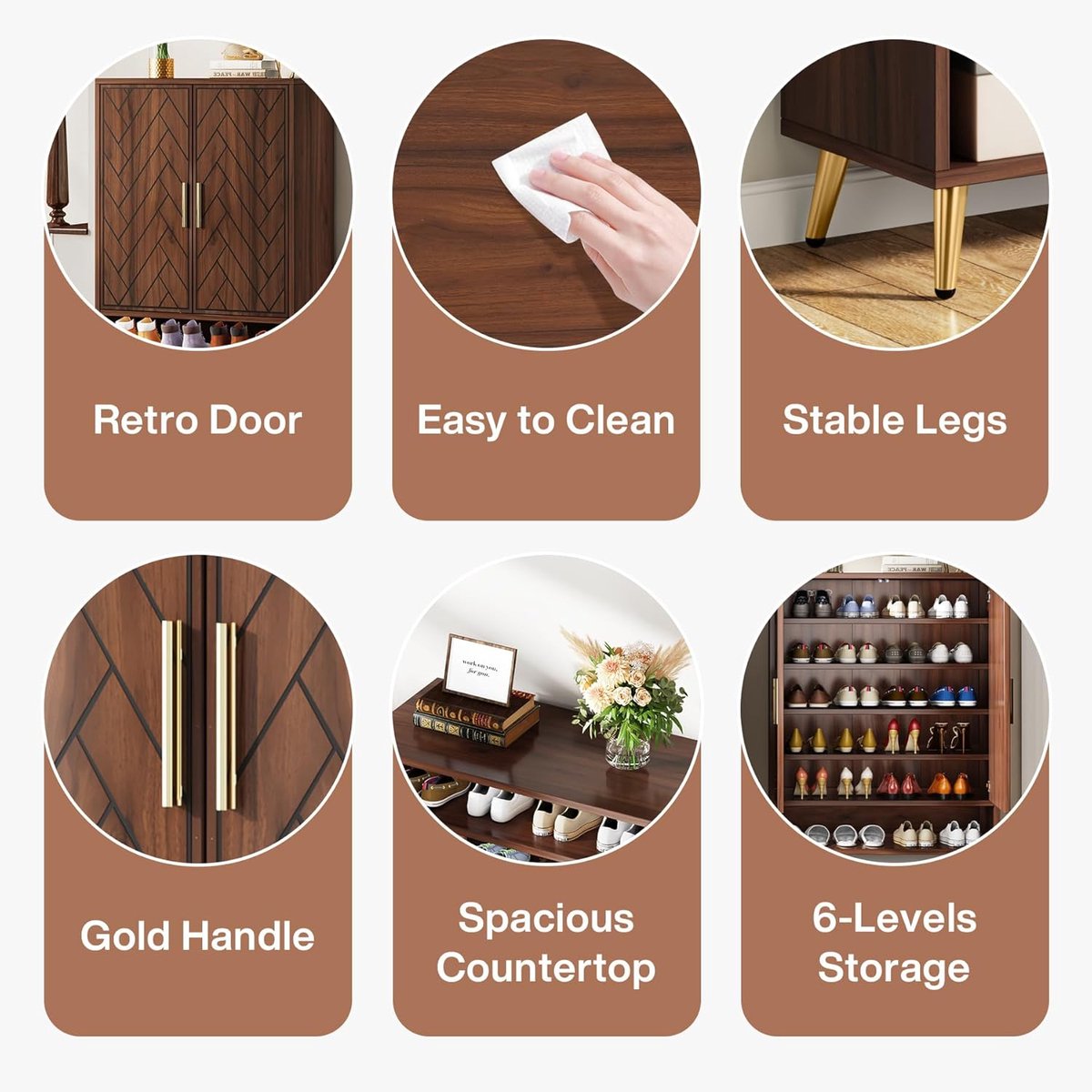 Schoenenkast – House&Garden – 2 Deuren Schoenenkast 75x37x110 cm – Industrieel Design Schoenenrek voor 22-25 Paar Schoenen – Smalle Hal Kast met 7 Lagen, MDF E1 Walnoot, Gouden Handgrepen – Schoenen Organizer voor Gang, Woonkamer en Entree