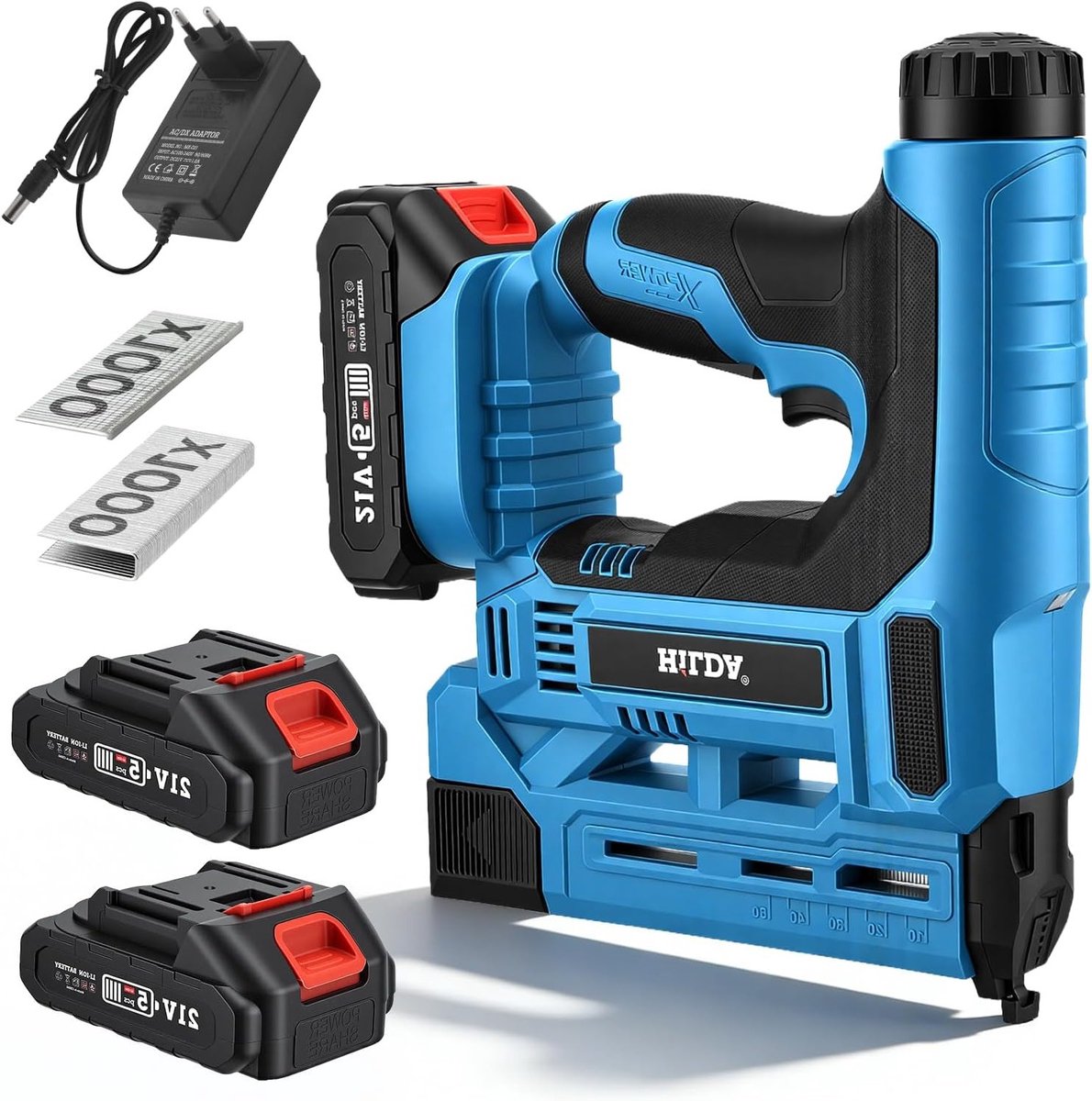 2-in-1 Elektrische Nietmachine met 2 x 2.0 Ah Batterijen, Oplader, 1000 Spijkers en 1000 Klemmen, Verstelbare Spijkerdiepte, LED Verlichting voor Houtbewerking en Klusprojecten