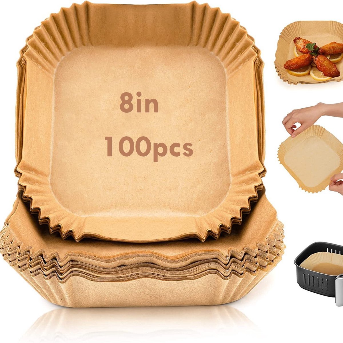 Bakpapier voor airfryers (4-7,3 liter), 100 vellen, 20 cm, oliebestendig en antiaanbak, geschikt voor de meeste airfryermodellen.