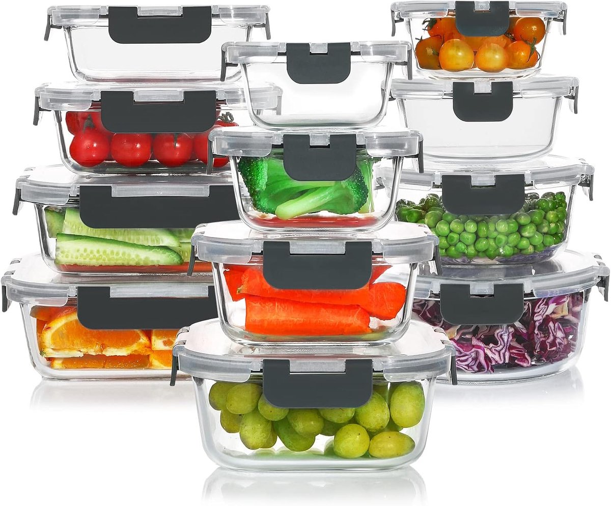 Set van 24 glazen voedselopslagcontainers - glazen meal prep bakjes - stapelbare luchtdichte bewaardozen met deksels - vriezerbestendig - magnetronbestendig - ovenbestendig - grijs - keukenopslag - maaltijdvoorbereiding - food storage containers