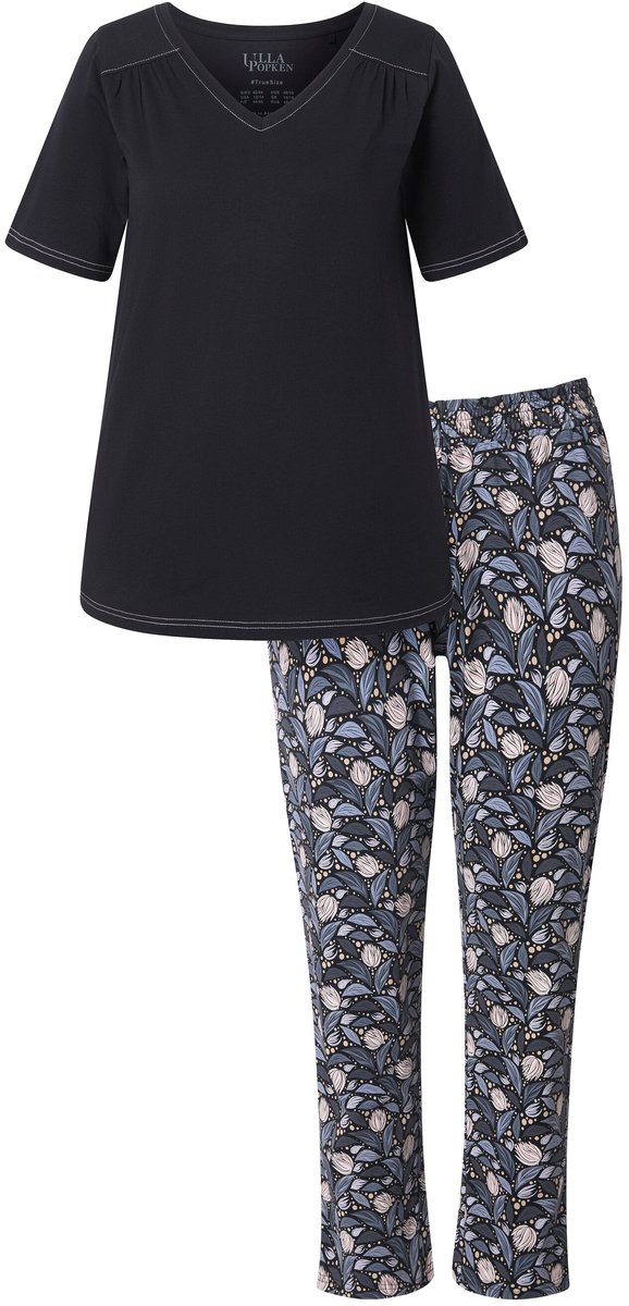 Ulla Popken Dames - Pyjama bladeren V-hals korte mouw - Zwart - Maat 42+