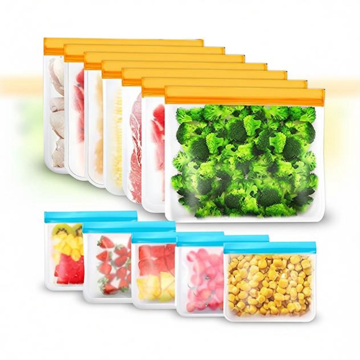 ElleMooi 12 Stuks Herbruikbare Opbergzakken - Vrieszakken BPA-Vrij Siliconen Voedselzakken - Waterdicht & Lekvrij - Voor Diepvries, Lunch & Reis