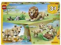 LEGO Creator 3-in-1 verpakking toont drie verschillende leeuwen modellen: een leeuw, een leeuwin met welpen en een leeuwinnen familie.