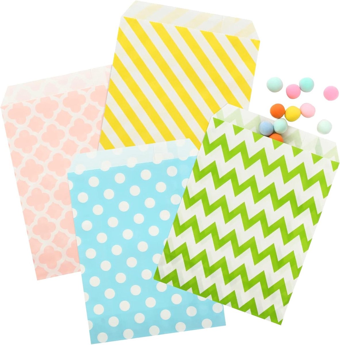 Cadeautasjes voor snoep en traktaties, ideaal voor Pasen, bruiloften, verjaardagen en feesten, 100 stuks in 4 kleuren en 3 ontwerpen