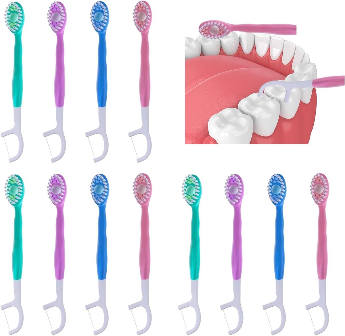 Set van 12 Wegwerp Tandenborstels met Tandpasta, Tongschraper, Flos en Mini Formaat voor Reizen