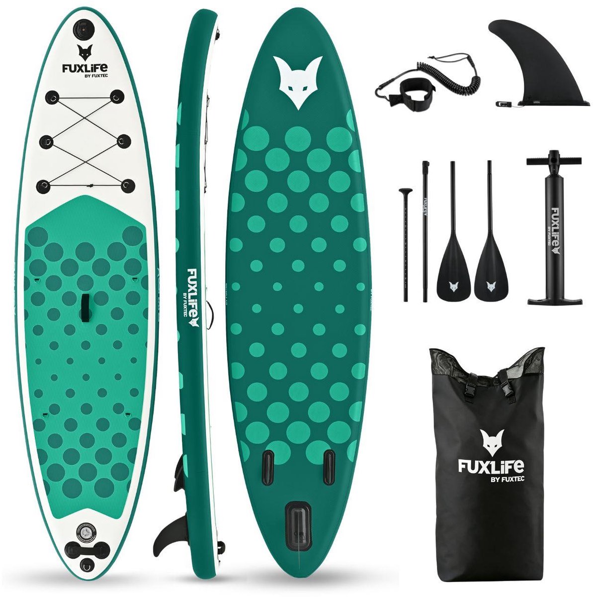 FUXLIFE by FUXTEC SUP Board FX-SUP320eco green | Stand Up Paddle Board opblaasbaar | 320 cm | 150 kg | Set met pomp en 3 vinnen