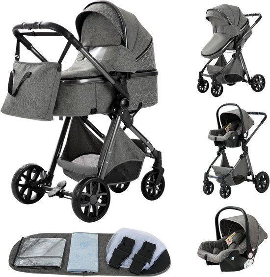 Grijze kinderwagen met ruitjespatroon, zwarte accenten en een kap. Inclusief tas en baby-autostoeltje.