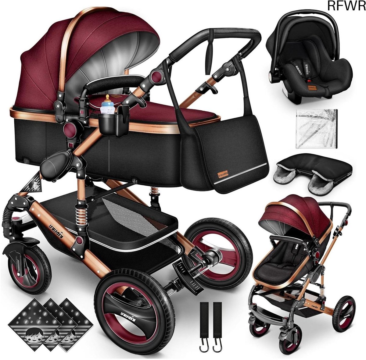 Combi Kinderwagen - Reiswieg Buggy - Baby Vervoeren - 3-in-1 Set - Tot 15 kg - Bordeaux Rood