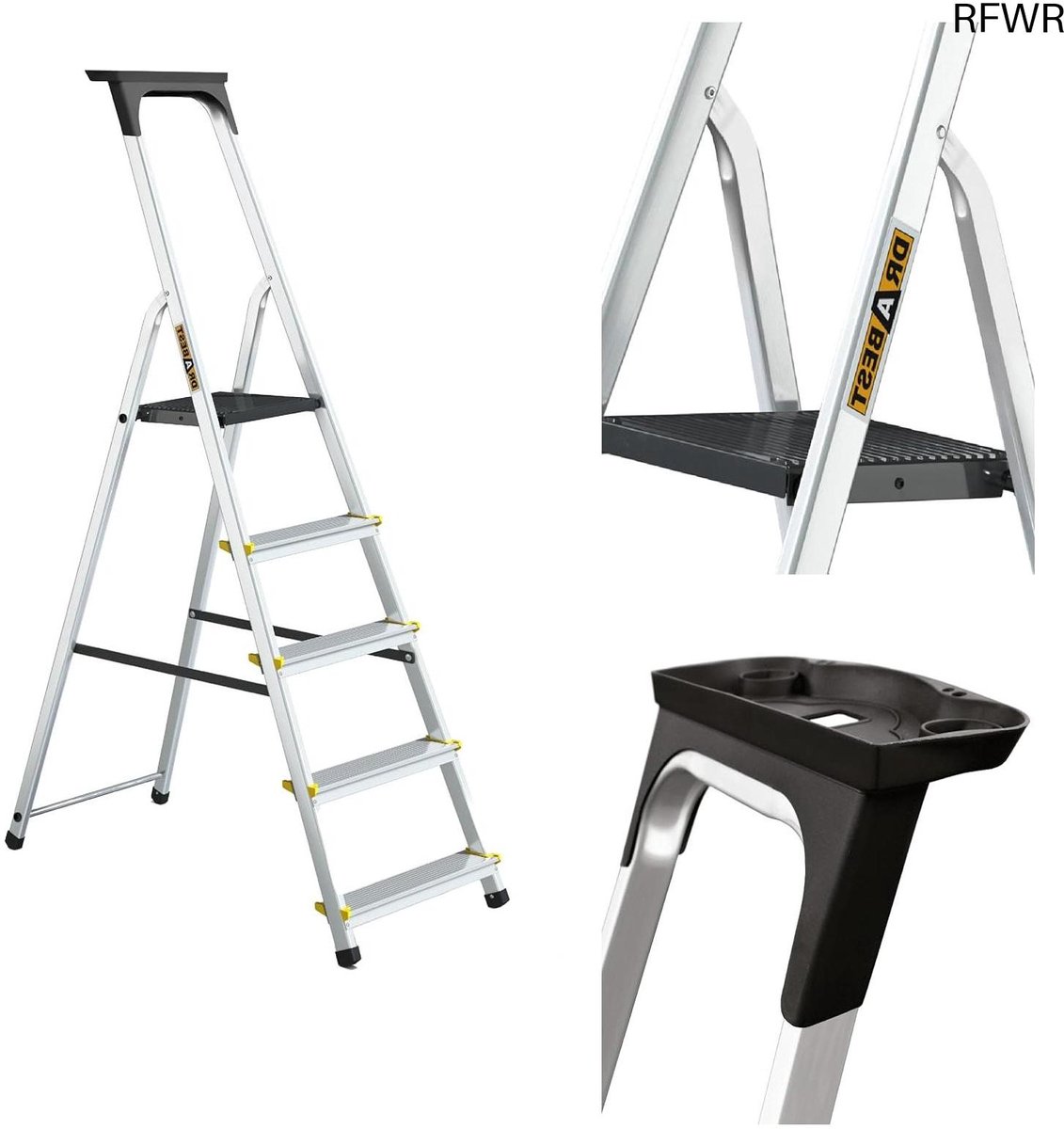 Aluminium Stepladder - Huishoudladder Werkplatform - Klus Klaren - Antislip Voeten - 5 Treden - Zilver