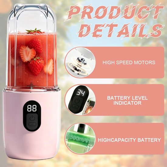 Draagbare mixer - Smoothie maker - Verse sappen maken - 16-blads snijkop - 500 ml - Roze — afbeelding 2