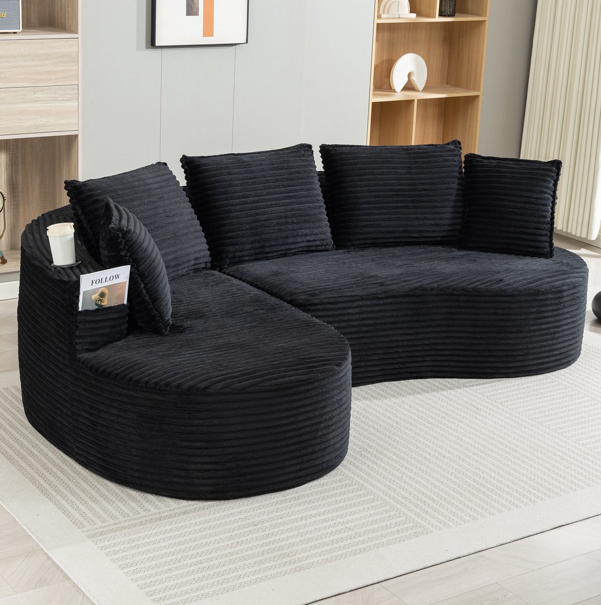 STILVORA Hoekbank 250 x 152 cm - Met Bekerhouders En Zijvakken - Voor Woonkamer En Slaapkamer - Corduroy - Zwart