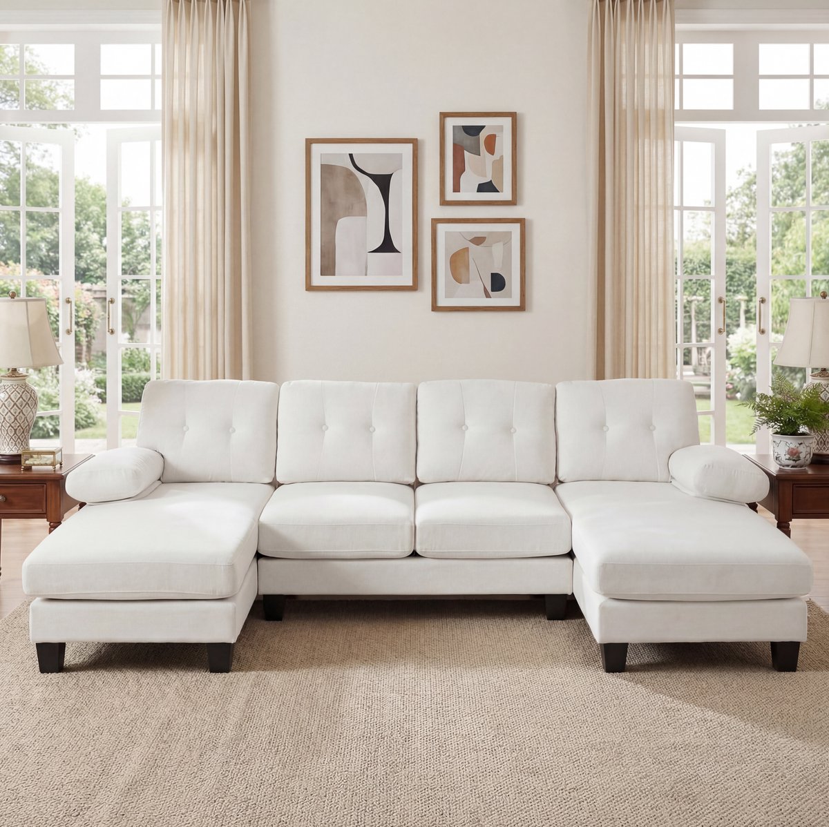 OKWISH U-Bank 268 x 128 cm - Met Dubbele Chaise Longue En Afneembare Armleuningen - Woonkamer Of Kantoor - Chenille - Beige