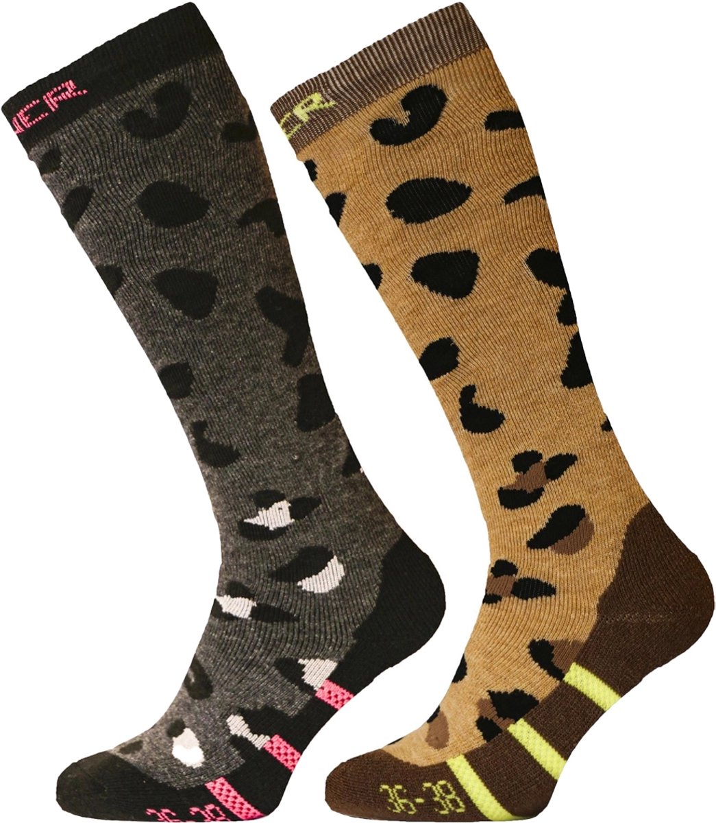 SINNER LADIES SKI SOCKS PLACED ANIMAL DOUBLE PACK - BROWN-Zwart - Unisex - Maat 39-41