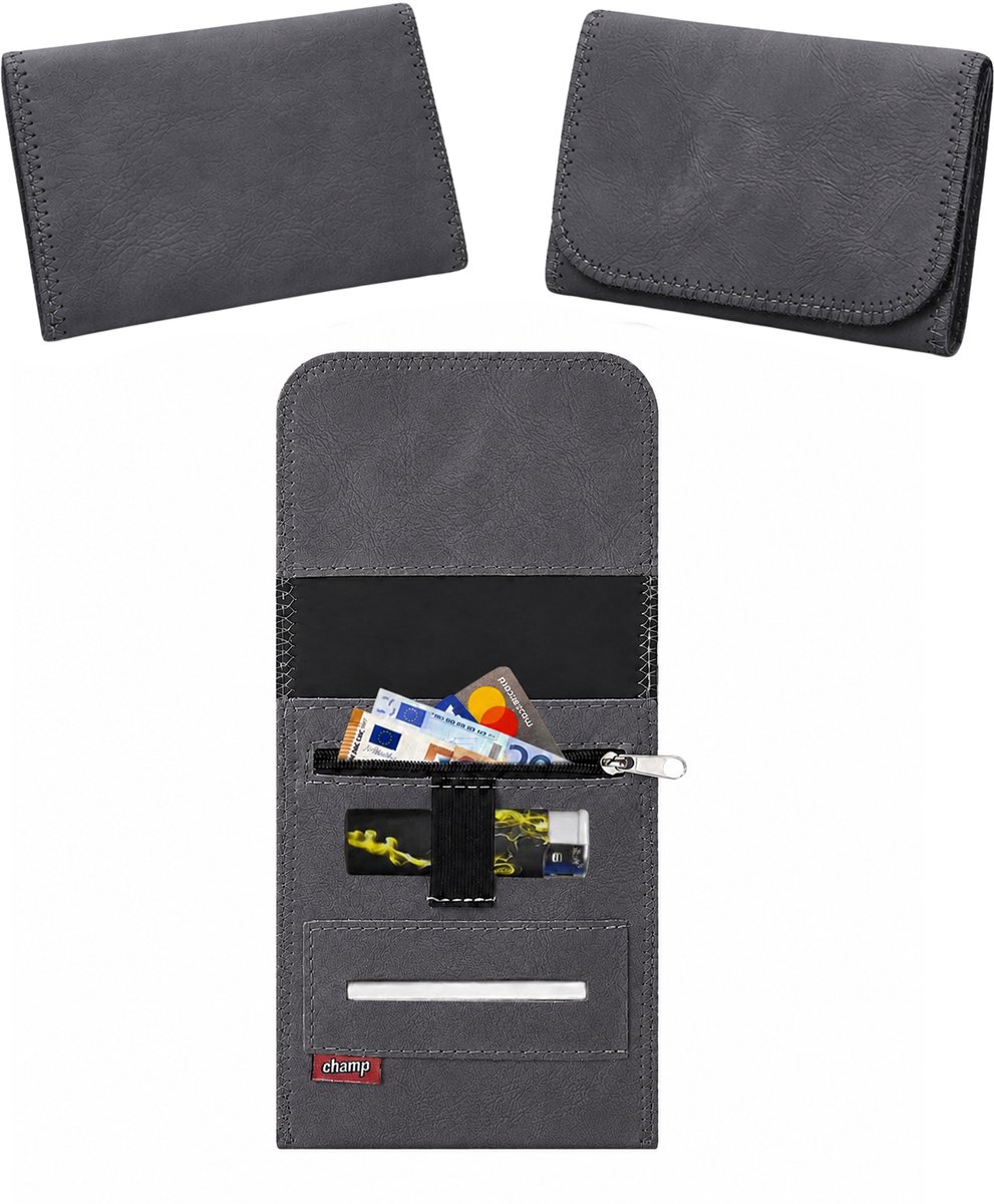 Champ Shag Etui - Tabak Etui - Kunstleer - 3 Vakken - Aanstekerhouder - Donkergrijs