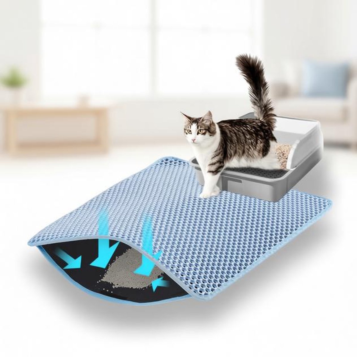 ElleMooi Kattenbakmat 60x45cm Honingraat Dubbellaags – Antislip, Waterdicht & Urinebestendig, Blauw