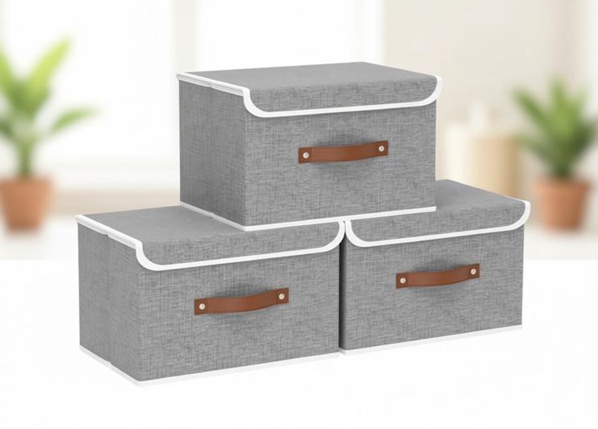 ElleMooi 3-Delige Opbergdozen met Deksel, Opvouwbare Stoffen Boxen, Kledingopbergvak, voor Slaapkamer, 26x20x17cm, Grijs