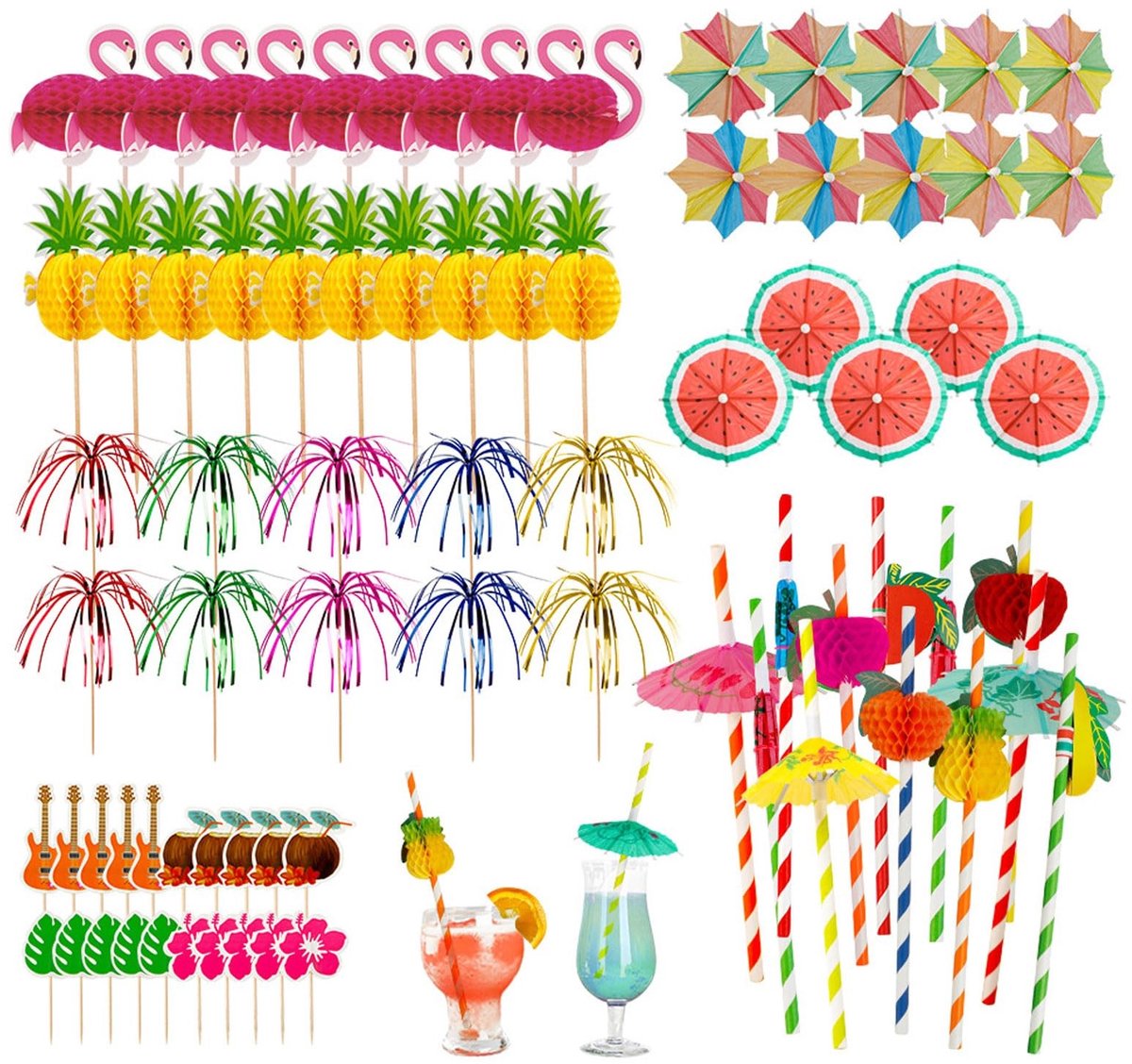 Dailygoods- Cocktaildecoratie 90 Stuks - Fruit Papieren Rietjes - Paraplu Rietjes - Vuurwerk Sticks - Hawaiian Cupcake Toppers - Tropische Feestdecoratie