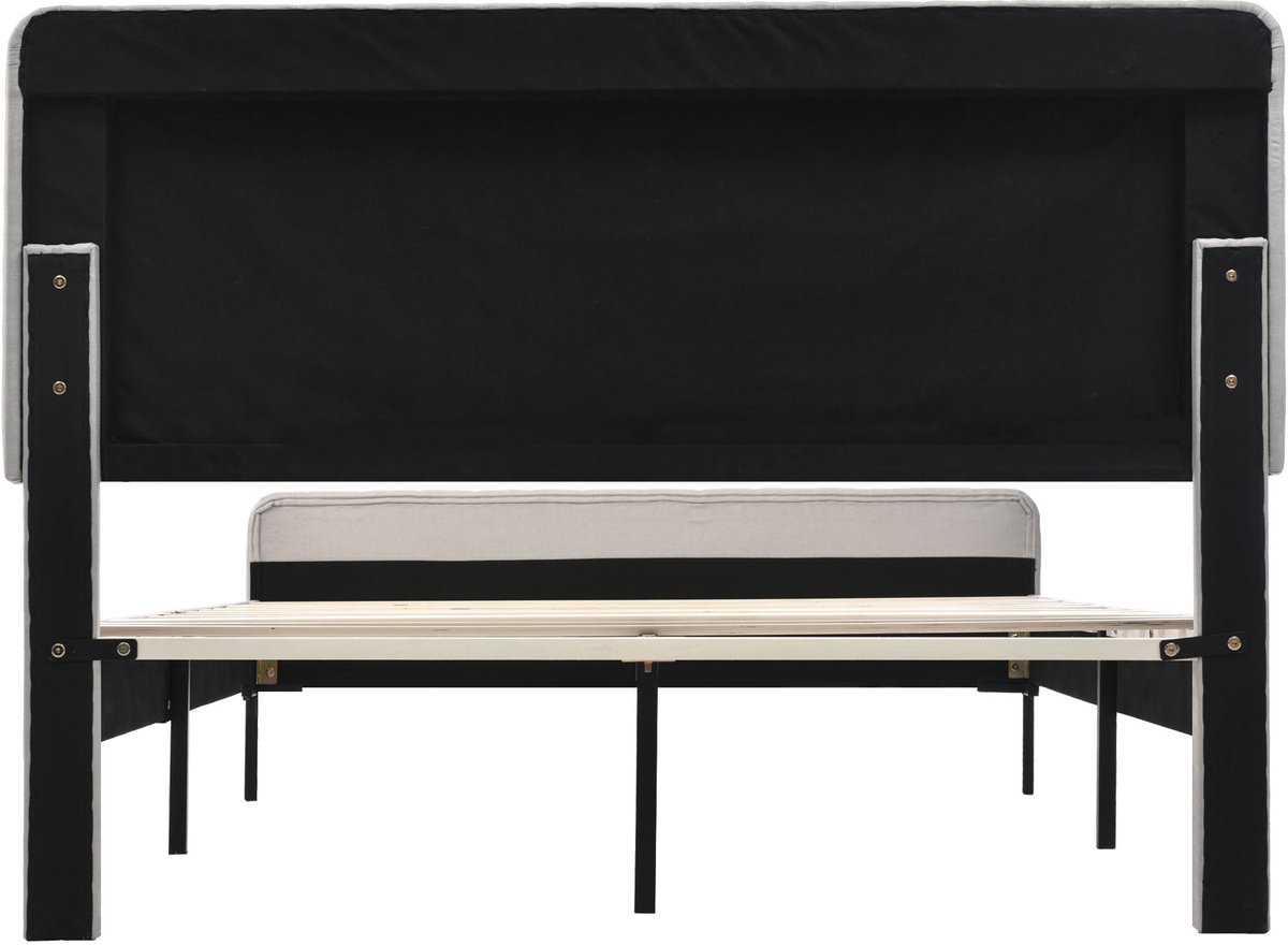 Grijsbeige linnen houten tweepersoonsbed voor slaapkamer en gastenkamer 209×145×107CM
