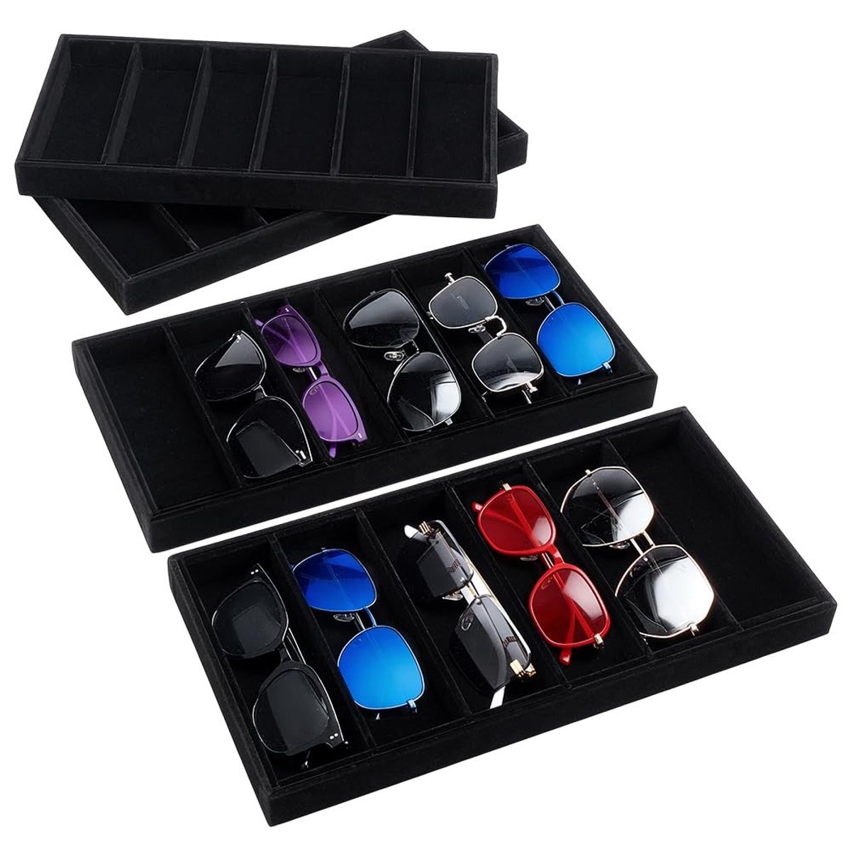 Dailygoods- Opbergdienblad Fluweel - Zwart - 6 Vakken - Brillen/Sieraden/Horloges - 38,3 x 19,3 x 3,2 cm - Perfect voor Dames - Sieradenorganizer