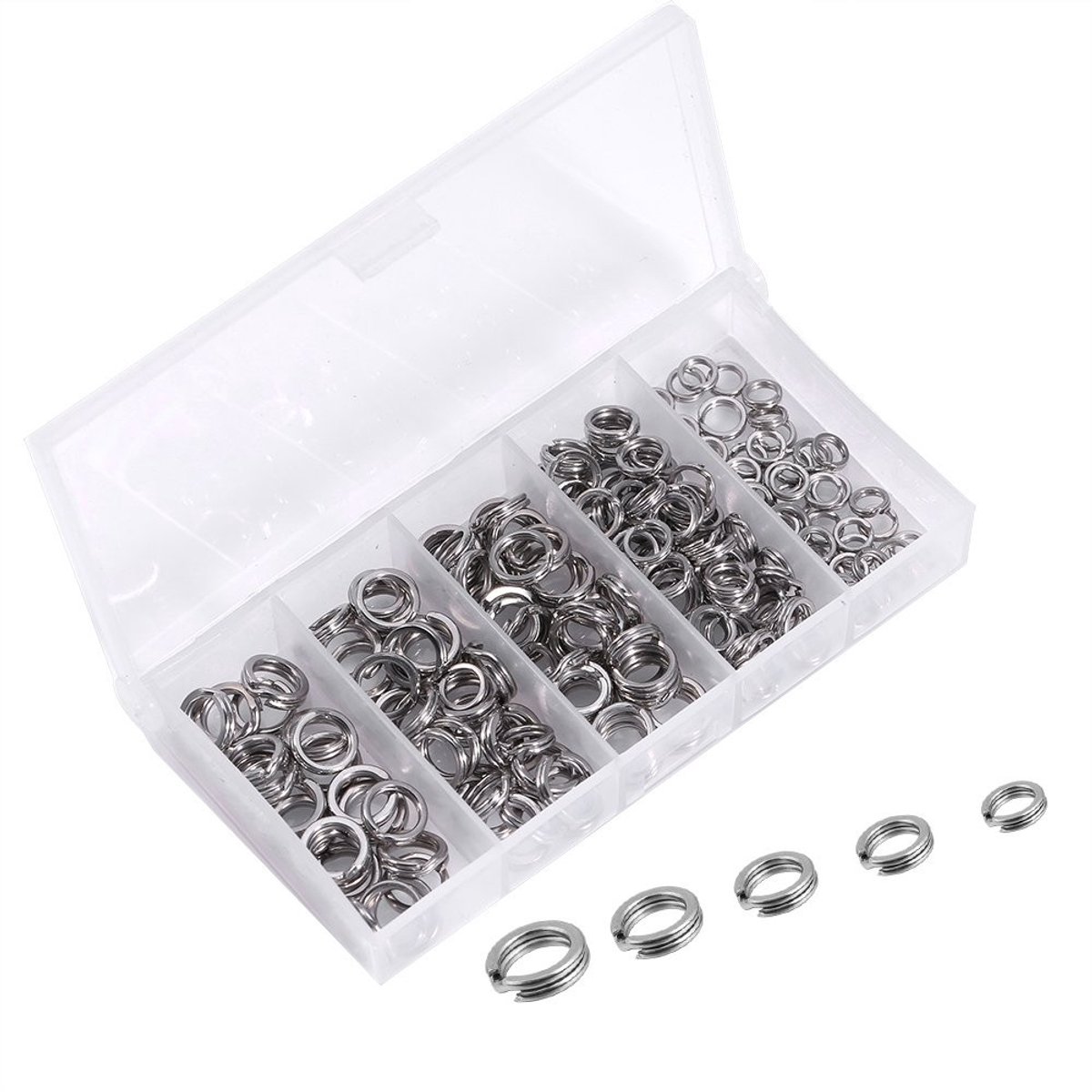 Dailygoods- Splitringen Roestvrij Staal - Aasring - Visaas - Linnen Connector - 200 Stuks - 5 Maten - Draagdoos 9,7 x 5 x 1,7 cm - Aasconnector