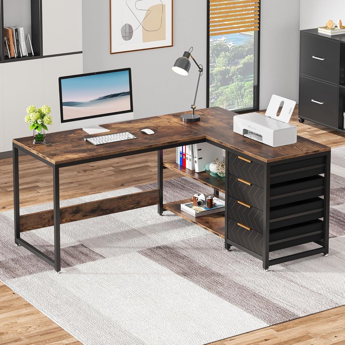 L-vormig Bureau met 4 Lades en 2 Planken – House&Garden Industrieel Computertafel 150×110×75 cm – Reversibel Hoekbureau met Opbergruimte – Vintage Bruin / Zwart Metalen Frame – Home Office & Gaming Desk