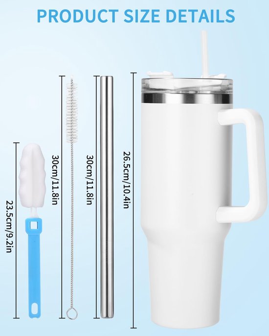 Afmetingen van de witte mok met handvat, rietje, reinigingsborstel en metalen rietje.