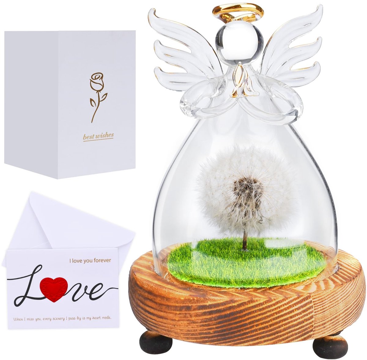 VLEMICO- Wensvuller Echte Paardenbloem in Glas - Decoratieve Tafellampen - Cadeaus voor Vrouwen - Engelkarakter met Lamp - Verjaardag - Hoogwaardige Natuurlijke Kwaliteit - Decoratie