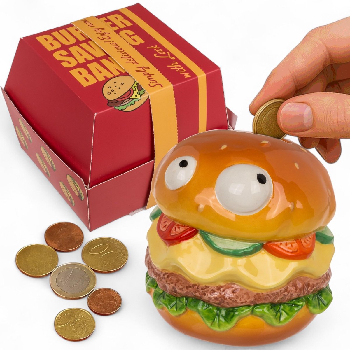 Dailygoods- Spaarpot Keramiek - Burger met Ogen - Slot en Sleutel - Muntgleuf - Ca. 12 x 11 cm - Stabiel en Glanzend - Besparingspot
