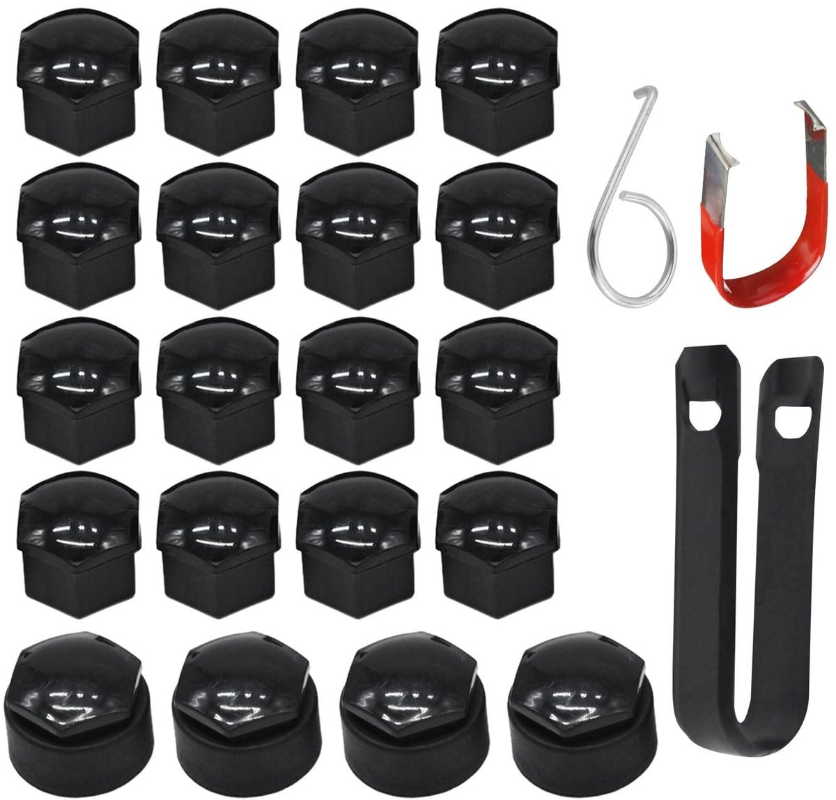 Dailygoods- Wielmoerafdekkingset 17 mm - 16 Zeskantmoerdoppen - 4 Anti-diefstal Doppen - Kunststof - Lichtgewicht - Inclusief Clips en Haak - Wielmoerafdekking