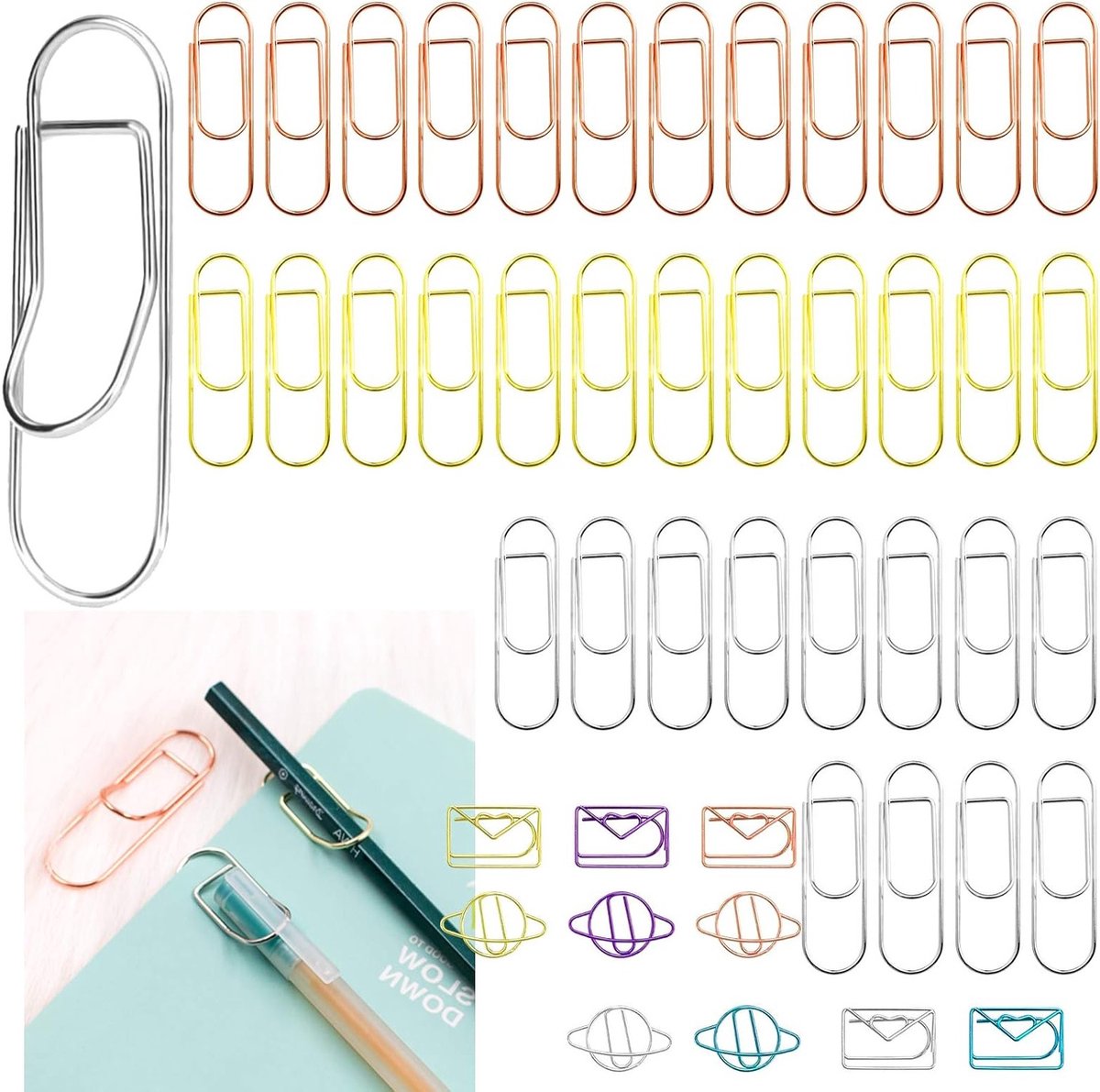 36 Stuks RVS Penhouder Clips in 3 Kleuren, Metalen Paperclips en 10 Boekmerken voor Notitieboeken, Agenda's en Tijdschriften - Geschikt voor de meeste Penformaten