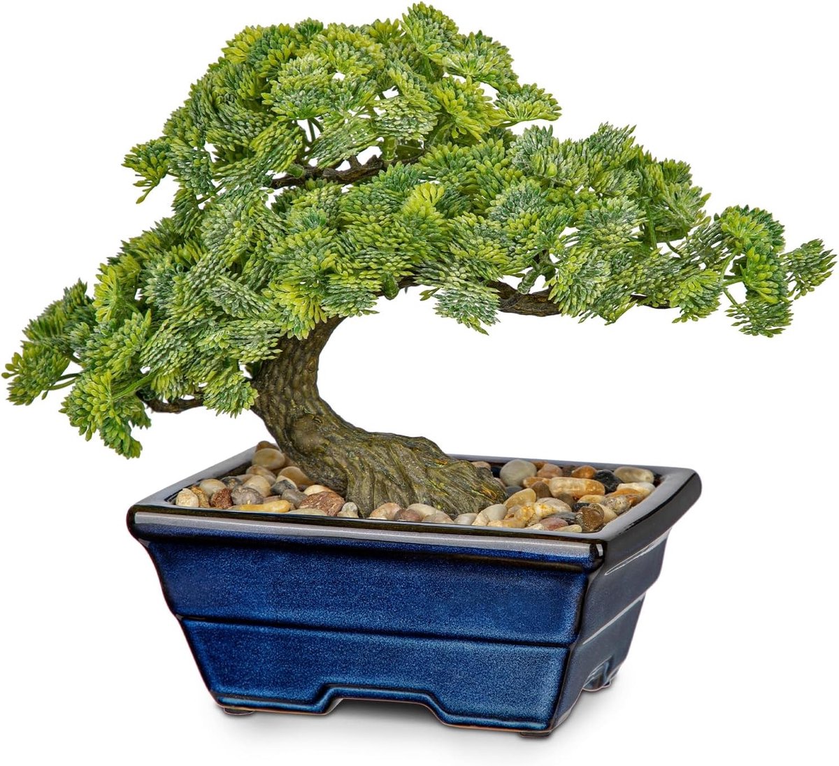 Kunstmatige bonsai boom van jeneverbes - Kleine neppflanten voor binnen, decor voor huis, kantoor en slaapkamer met blauwe keramische potten