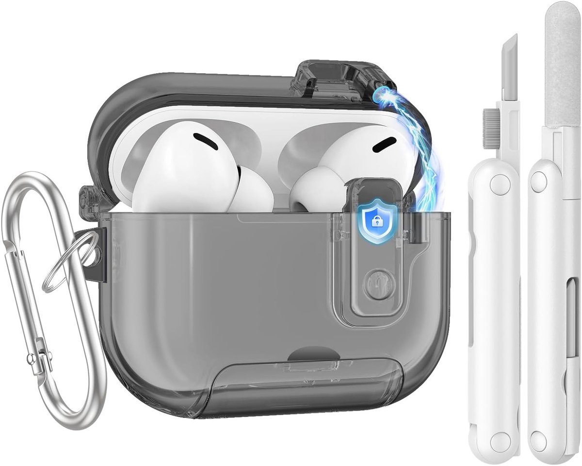 Transparante Soft TPU Hoes voor AirPods Pro 3 (2025) met Beveiligingsslot, Telefoonstandaard en Schoonmaakset - Anti-Vingerafdruk Bescherming en Sleutelhanger Accessoire