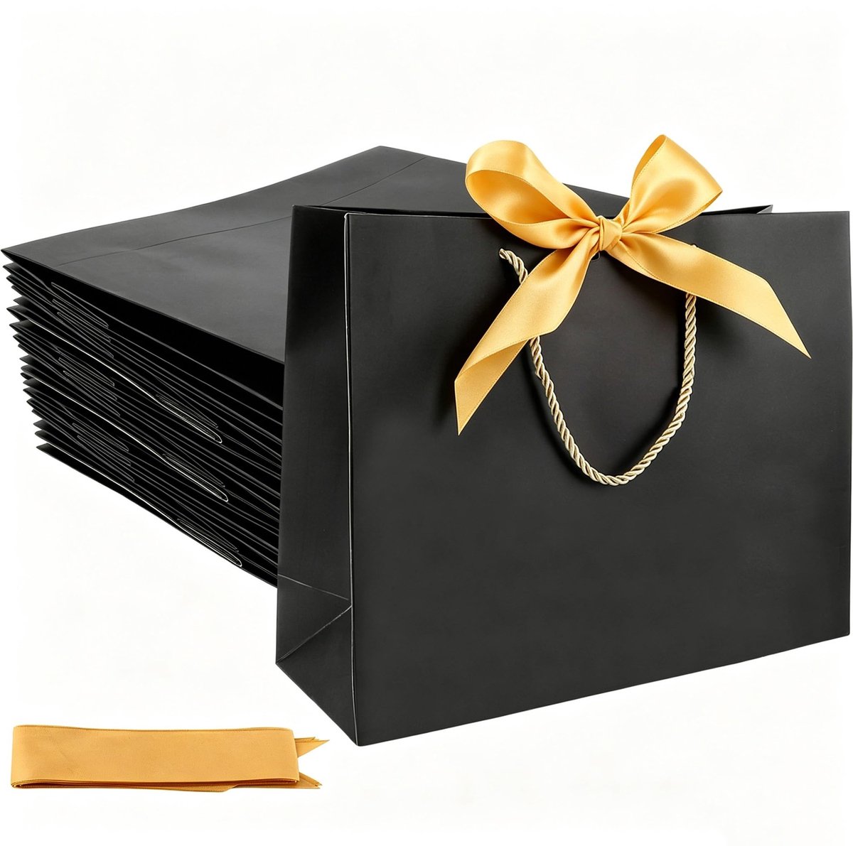 Dailygoods- Geschenktas 24 Stuks - Zwarte Cadeautas met Gouden Lint - Papieren Zak met Handvat - Bruiloft/Kerstmis/Feesten - 32 x 25 x 11 cm - Duurzaam en Herbruikbaar
