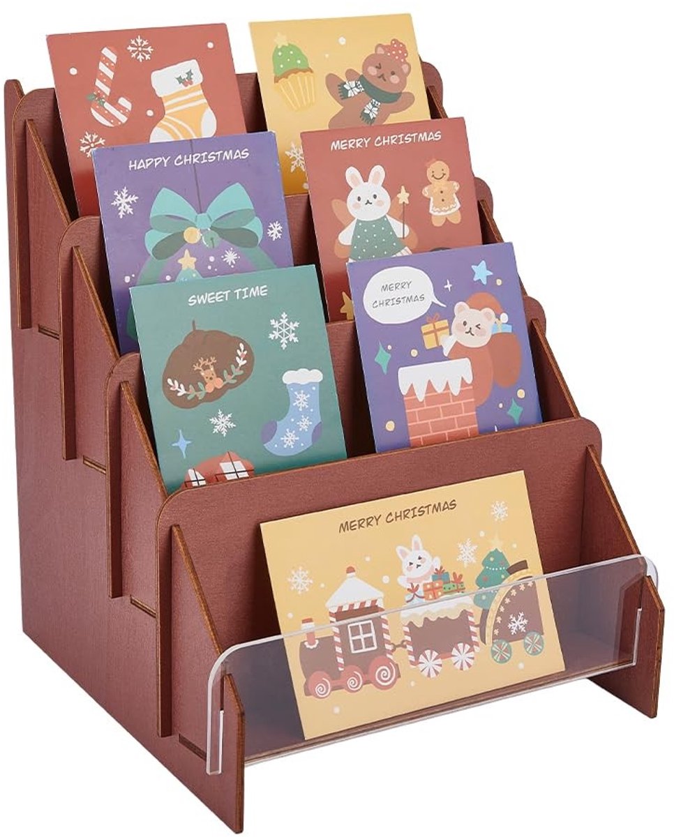 Dailygoods- Wenskaartdisplay 4-Tier Houten - Display Standaard - Acryl Houder - Multifunctioneel - Indiaas Rood - 24,5 cm breed, 30 cm hoog - Displaystand