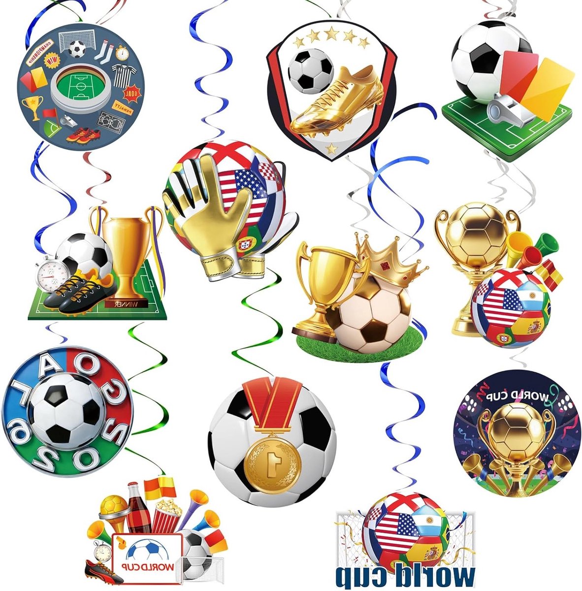 SnelShoppen - 14 Stuks Voetbal Feestdecoratie 2026, Hangende Swirls voor Verjaardag, Sportthema, Lichtgewicht Metaal Foil, Perfect voor Voetbalfeest e