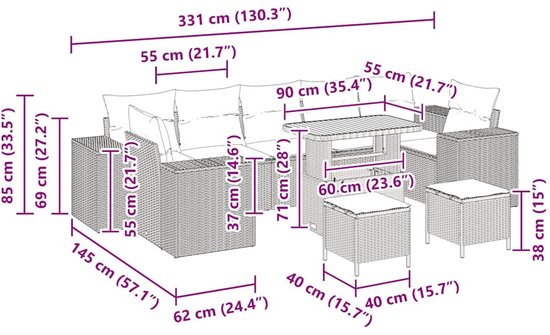 vidaXL - Tuinbank - Set - 10 - st - 9-zits - Zwart - en - Crème - poly - rattan