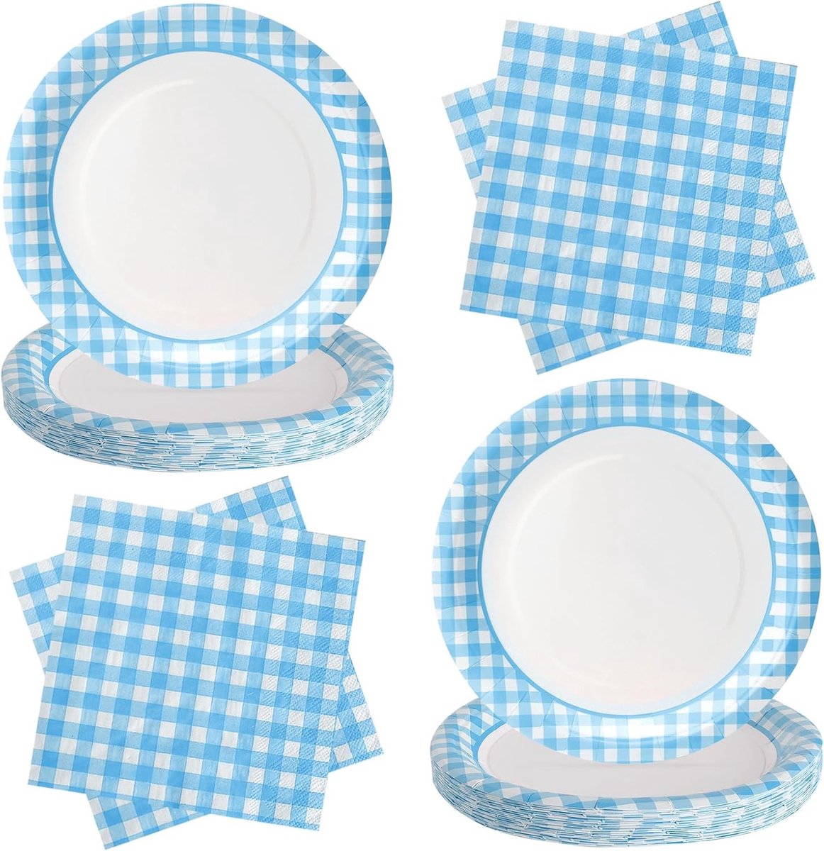 Feest Servies Set - Papieren Borden Servetten - Verjaardag Feest - Blauw Wit Geruit - 48 Stuks