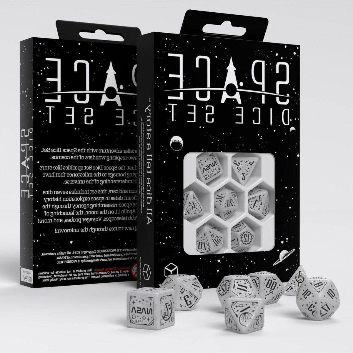 RPG Dobbelstenen Set - Veelvlaks Dobbelstenen - Tafelspellen Avonturen - Geïnspireerd door Ruimtevaart - 14-19mm Groot - Wit met Gravures