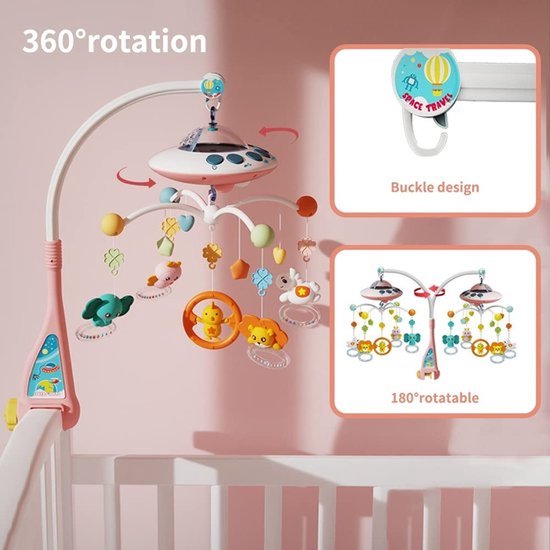Baby wiegmobiel met muziek en lichtjes, baby wiegcarrousel met afstandsbediening, sterrenprojectie en muziekdoosje, muzikaal wiegspeelgoed om vast te klikken, hangende draaiende dierenrammelaars, sterrenprojectie, babyspeelgoed voor 0-5 jaar