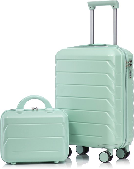 Wishdor - Ensemble de 2 Valises Met Trousse de Toilette Amovible Et Serrure à Combinaison - Design Rayé Moderne Pour Escapades de Fin de Semaine - Coque Dure ABS Met Roues Pivotantes Doubles 360 Degrés - Vert Menthe - 35,5 X 20,5 X 55 Cm